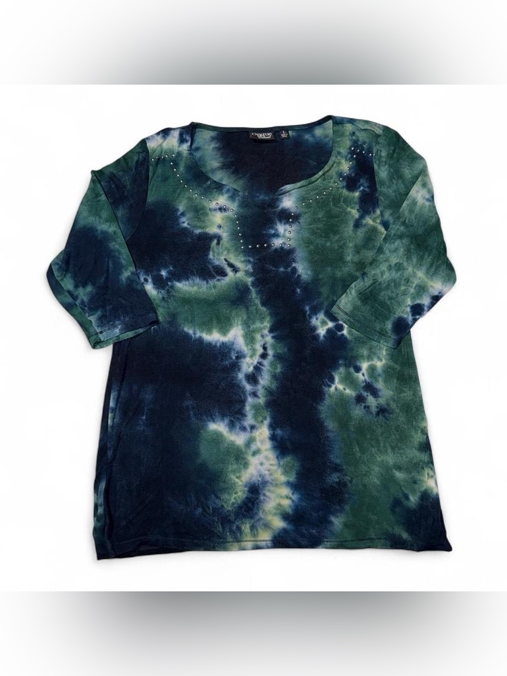 Onque Casuals Green & Navy Tie-Dye Tee with Rhinestone Accents